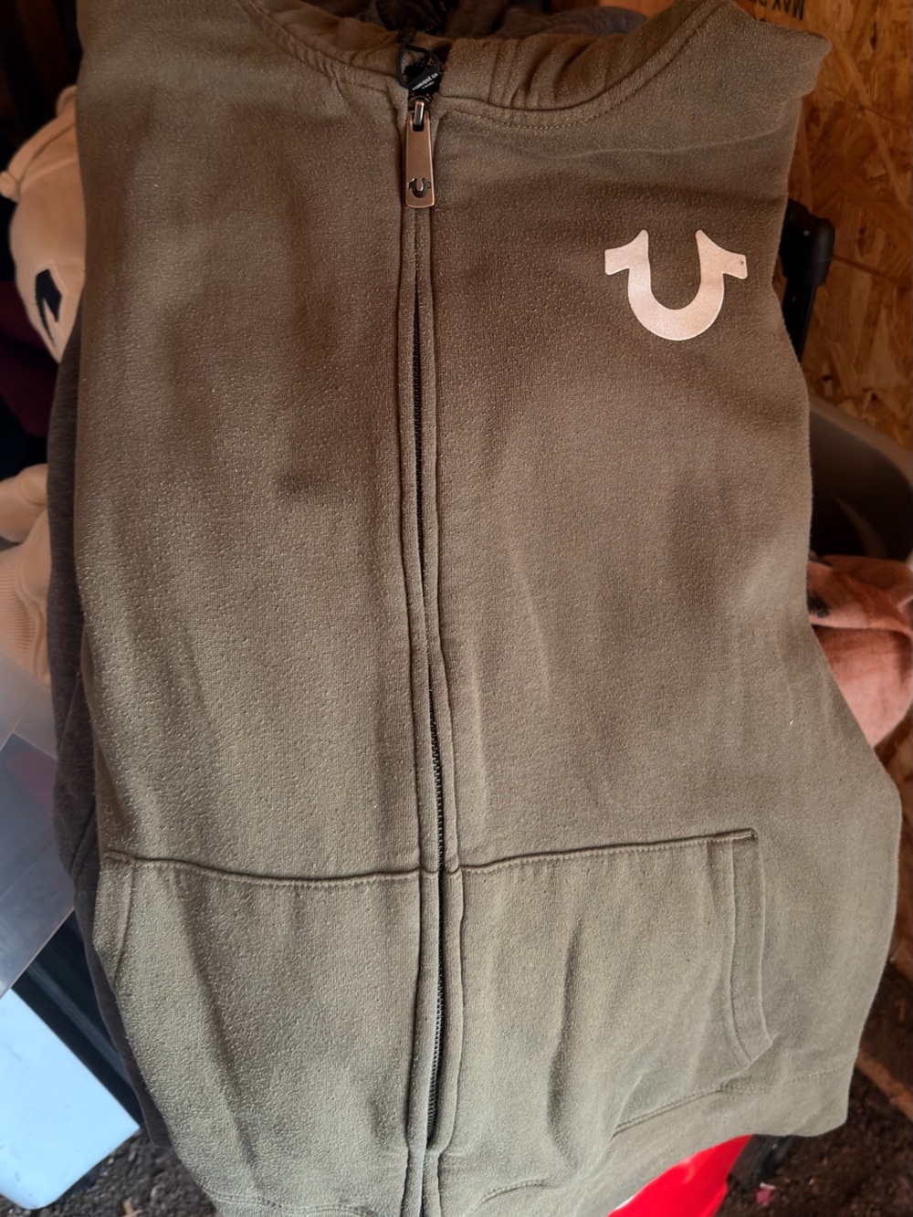 True Religion Olive Zip-Up Hoodie Vest with White Logo